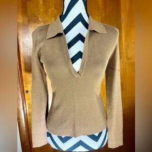 House of Harlow 1960 Black Ribbed Brown Large Cropped Deep V Neck Polo Top Shirt